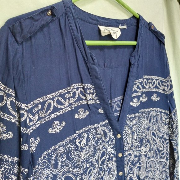 H & M LOGG Blue & White Bandana Print Tunic Top LG - Picture 9 of 10